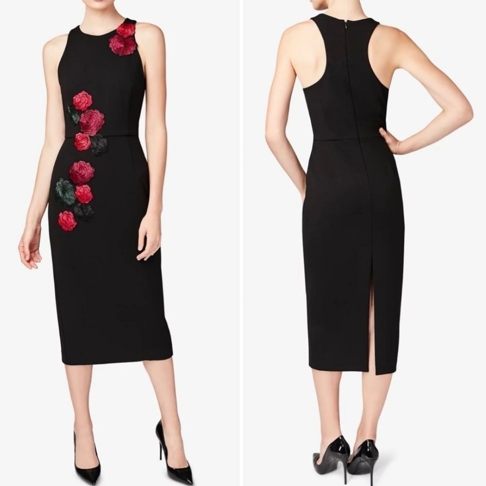 Vtg Y2K Betsey Johnson Black Embroidered Floral Applique Midi Cocktail Dress 2